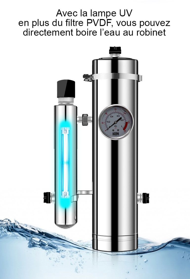 FU-WHPVDF-UV avec manomètre - Filtration de l'eau courante - Installation sous l'évier - France UV-C