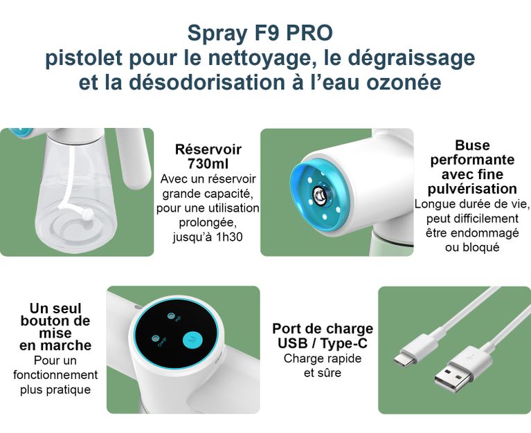 Caractéristiques du spray eau ozonée F9 PRO - Pour nettoyer, dégraisser, désodoriser - France UV-C