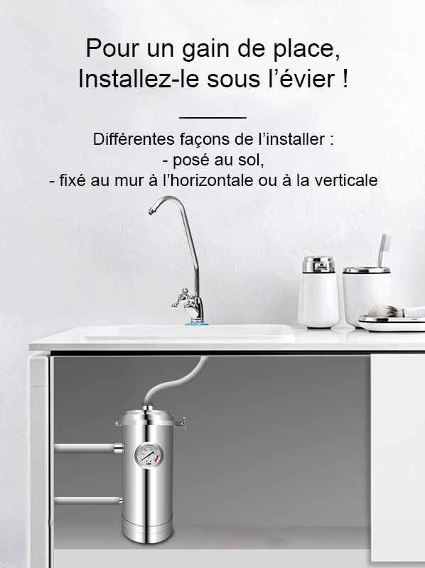 FU-WHPVDF-02 avec manomètre - Filtration de l'eau courante - Installation sous l'évier, dans un garage ou zone de maintenance - France UV-C