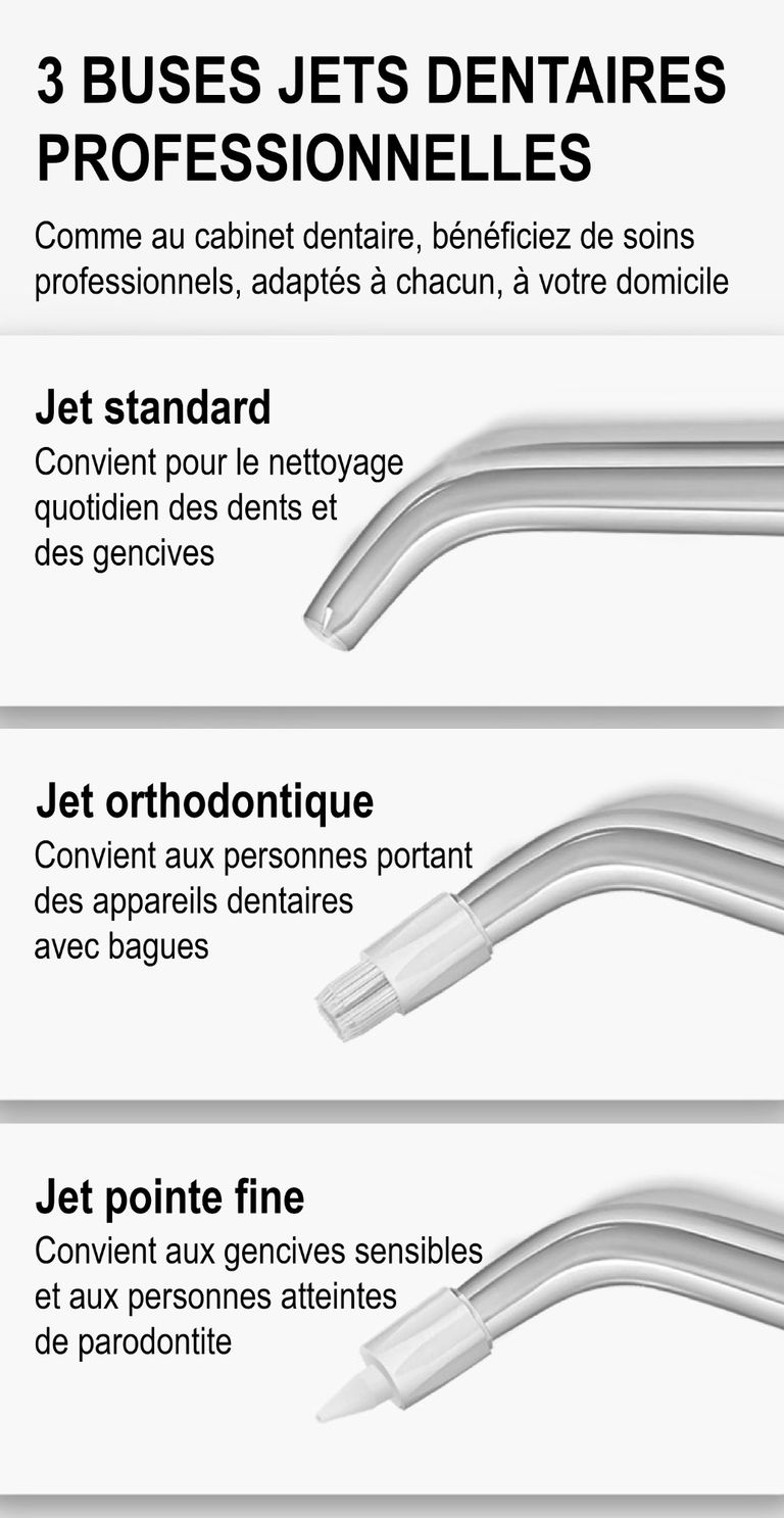 Jet dentaire à eau ozonée - Avec 3 jets dentaires professionnels : jet standard, orthodontique et pointe fine - Concentration en ozone élevée de 0.5 à 2.6mg/L (PPM) - France UVC