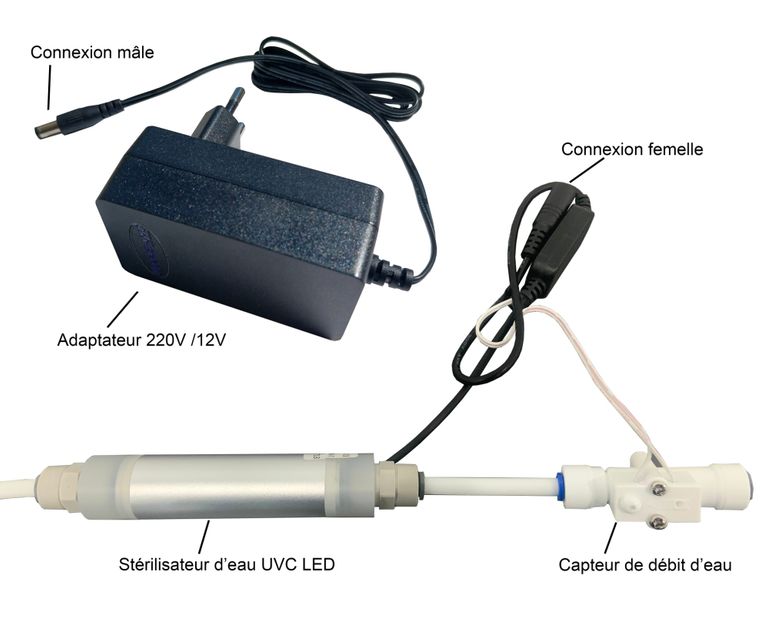 Stérilisateur d'eau UVC LED avec sa connexion jack femelle - France UV-C