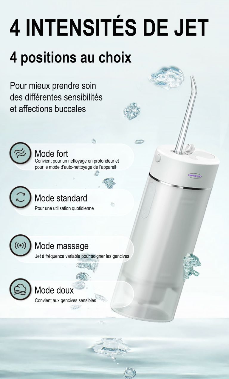 Jet dentaire à eau ozonée- Technologie nano micro bulles et eau ozonée par électrolyse de l'eau - Concentration en ozone élevée de 0.5 à 2.6mg/L (PPM) - France UVC
