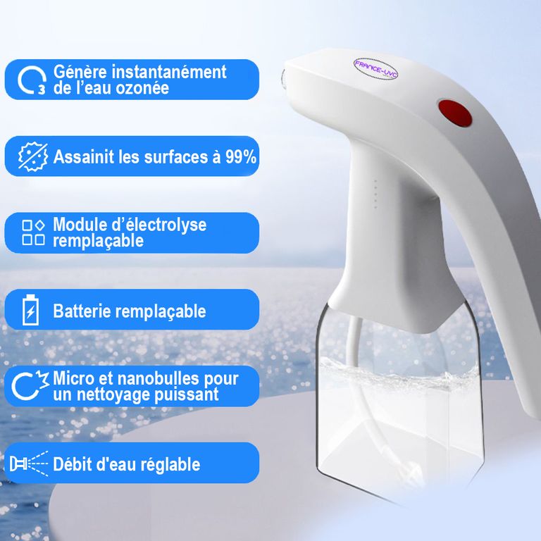 Avantages OZO-SPRAY spray eau ozonée - 0.5 à 3.5 mg/L (PPM) - Nettoie, dégraisse et désodorise sans produits chimiques - France UV-C