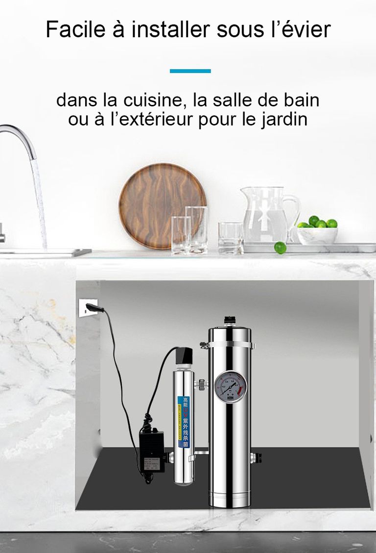 FU-WHPVDF-UV avec manomètre - Filtration de l'eau courante - Installation sous l'évier - France UV-C