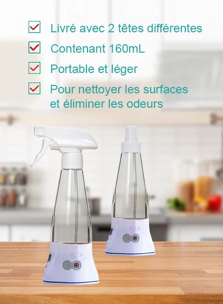 Spray eau ozonée en 3 minutes par électrolyse - 0.5 à 2.6mg/L (PPM) - Pour nettoyer et dégraisser toutes les surfaces non-poreuses sans produits chimiques - France UV-C