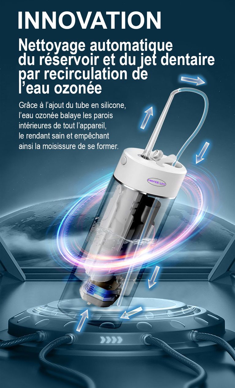 Jet dentaire à eau ozonée- Technologie nano micro bulles et eau ozonée par électrolyse de l'eau - Concentration en ozone élevée de 0.5 à 2.6mg/L (PPM) - France UVC