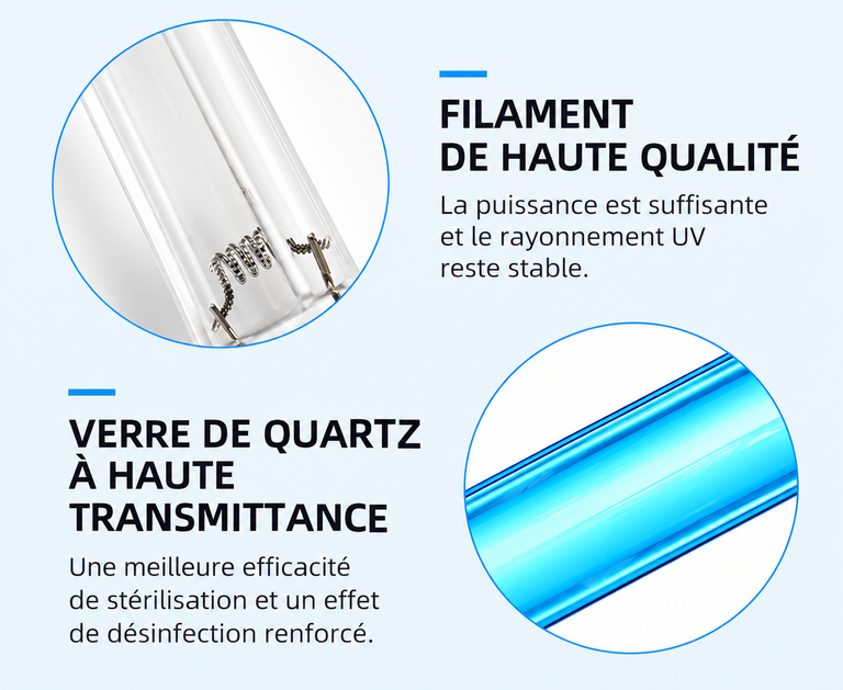 Tubes UVC 2 pins des 2 côtés - Haute qualité, haute transmittance - France UVC