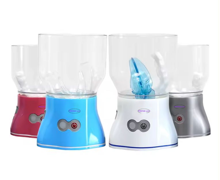 Différentes couleurs du verre à dentier à eau ozonée pour nettoyer les dentiers, appareils et prothèses dentaires - concentration en ozone élevée de 0.5 à 2.6mg/L (PPM) - France UVC