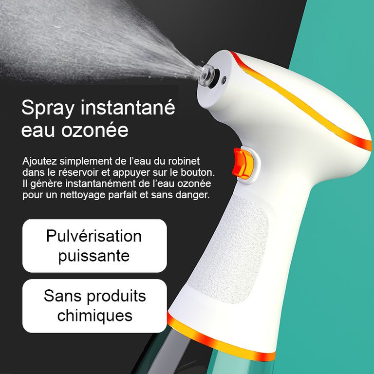 Spray instantané eau ozonée par électrolyse - 0.5 à 2.6mg/L (PPM) - Pour nettoyer et dégraisser toutes les surfaces non-poreuses sans produits chimiques - Sa puissance de jet est ajustable - France UV-C