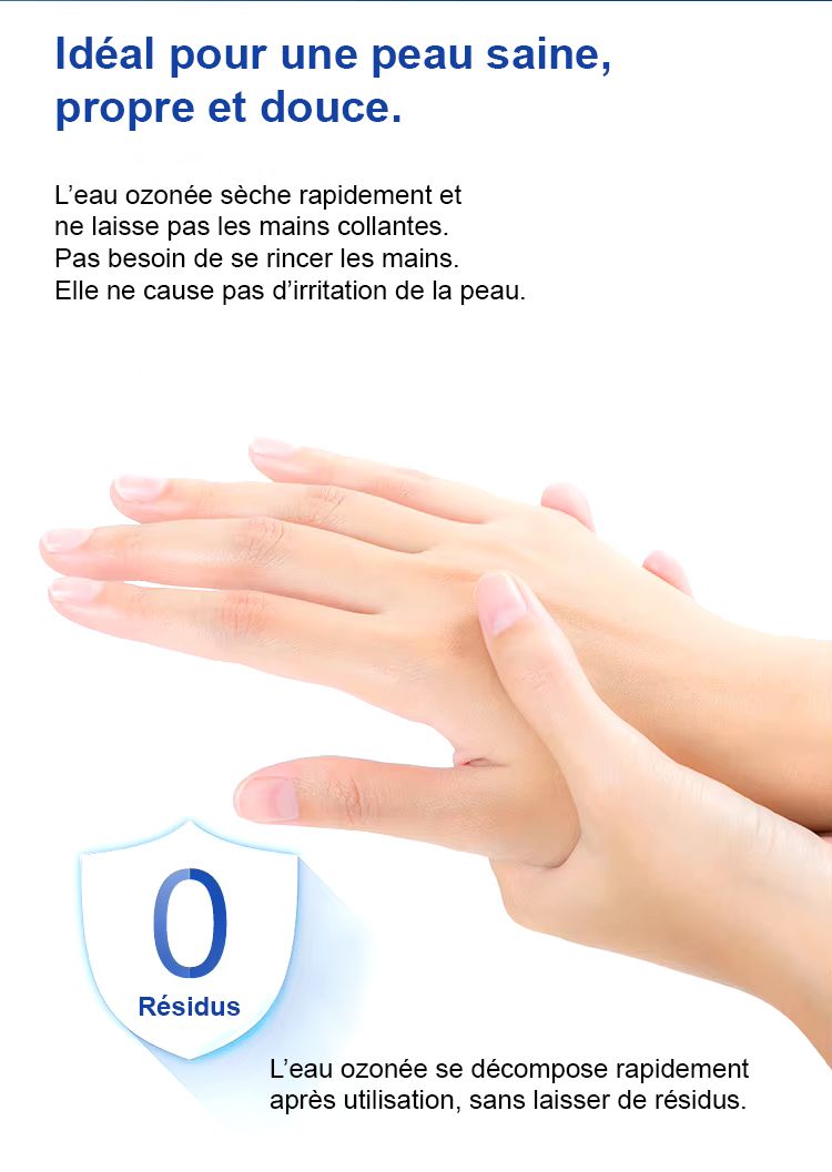 Spray eau ozonée en 3 minutes par électrolyse - 0.5 à 2.6mg/L (PPM) - Utilisation des différentes têtes et différentes positions - France UV-C