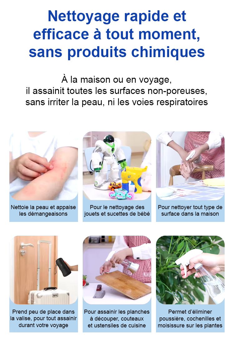 Spray eau ozonée en 3 minutes par électrolyse - 0.5 à 2.6mg/L (PPM) - Utilisation des différentes têtes et différentes positions - France UV-C