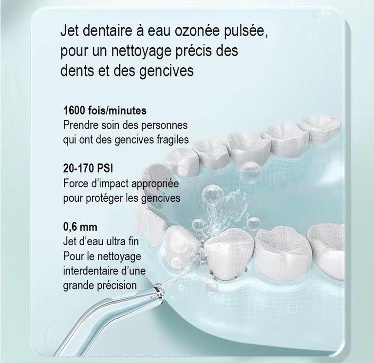 Jet dentaire à eau ozonée - Avec 3 jets dentaires professionnels : jet standard, orthodontique et pointe fine - Concentration en ozone élevée de 0.5 à 2.6mg/L (PPM) - France UVC